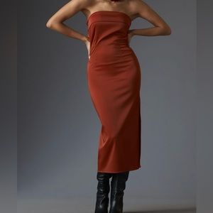 Anthropologie | red strapless midi dress